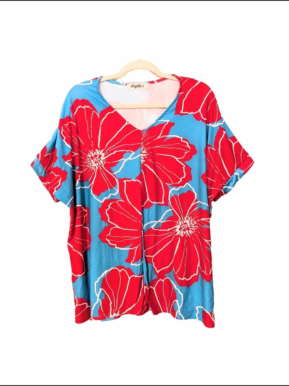 Vibrant Bright Blue & Red Floral V-Neck Top By Haptics
